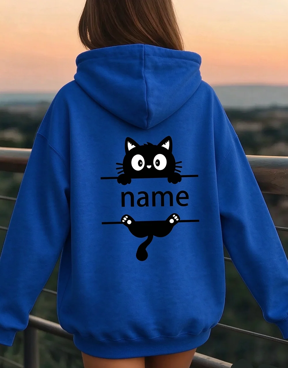 Custom Name Women Hoodie Personalized Cute Black Cat Print Hooded Sweatshirt Custom Letter Long Sleeve Casual Gift Tops