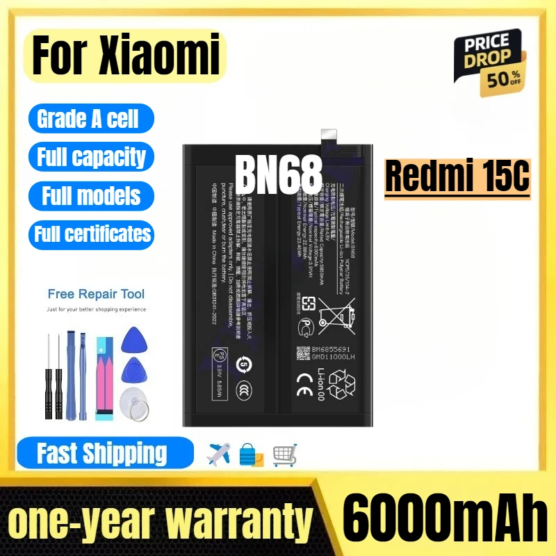 

BN68 for Xiaomi Redmi 15C Mobile Phone Battery High Quality High Capacity Battery Replacement Bateria Grade A Cell with Tools