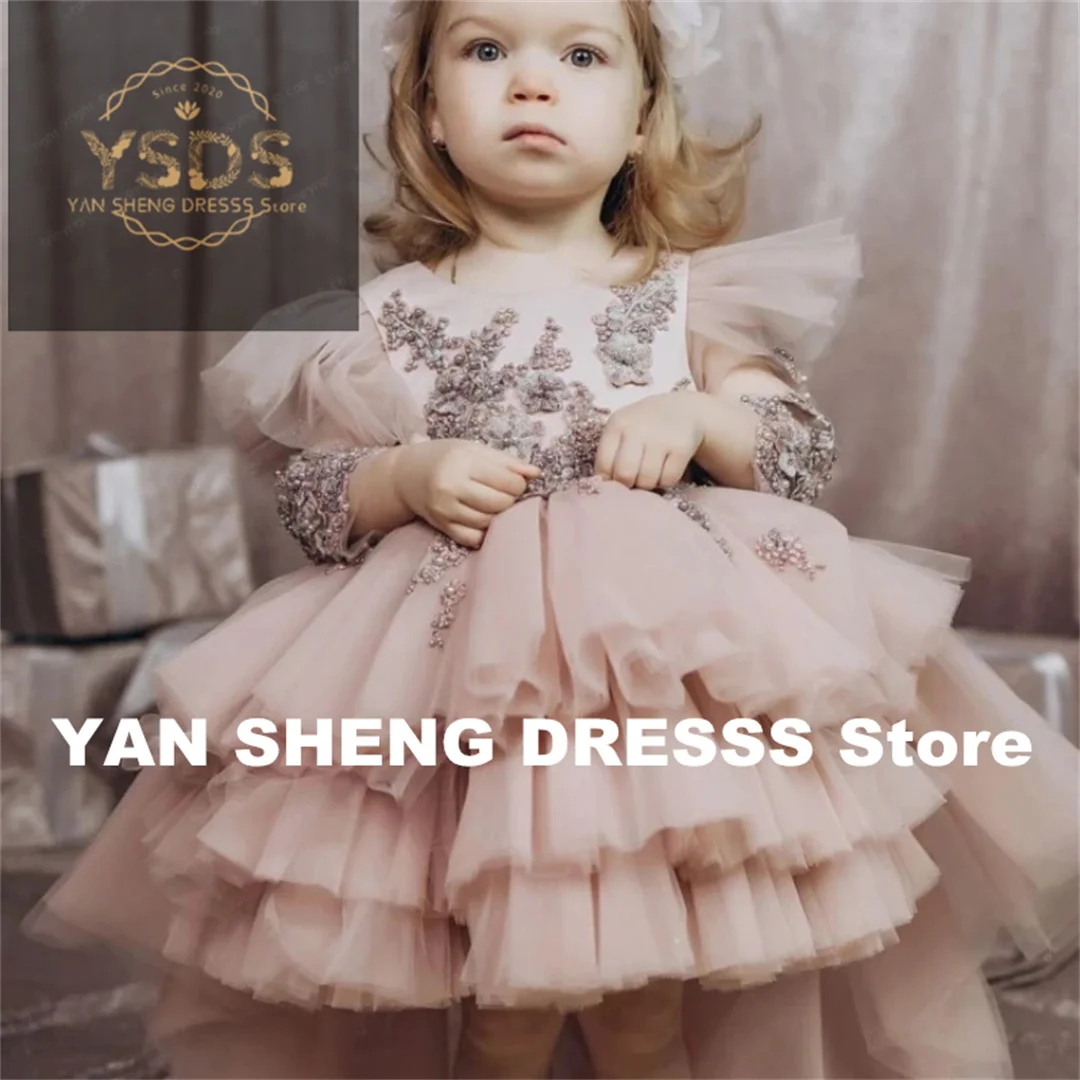 

Customized Flower Girl Dresses Dirty Pink Tulle Puffy Appliques Beadings With Tailing 3/4 Sleeve For Wedding Birthday First Comm