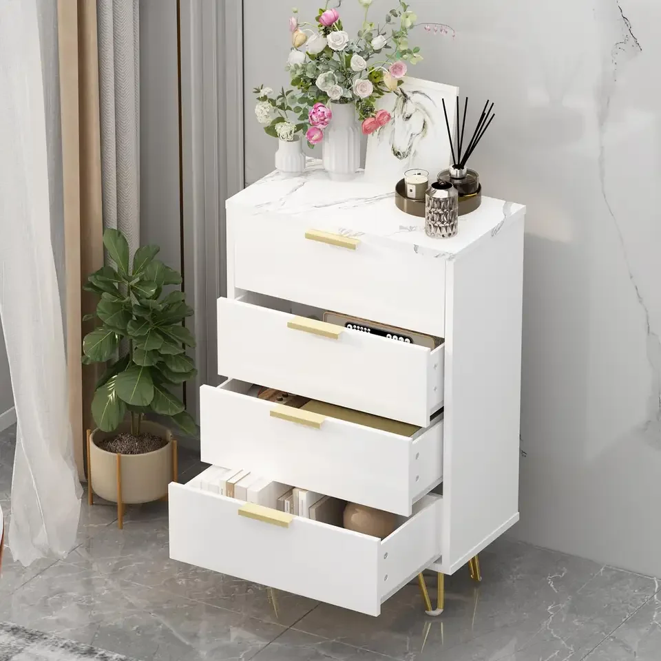 

Nordic Marble MDF Board Organizer with 4 Drawers Chest of Drawers Wooden Sideboard Living Room Cabinet