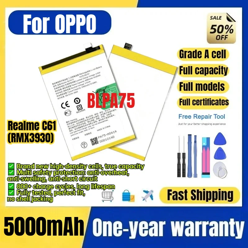 BLPA75 for OPPO Realme C61 (RMX3930) Phone Battery 0Cycle High Quality High Capacity Replacement Bateria Grade A Cell with Tools