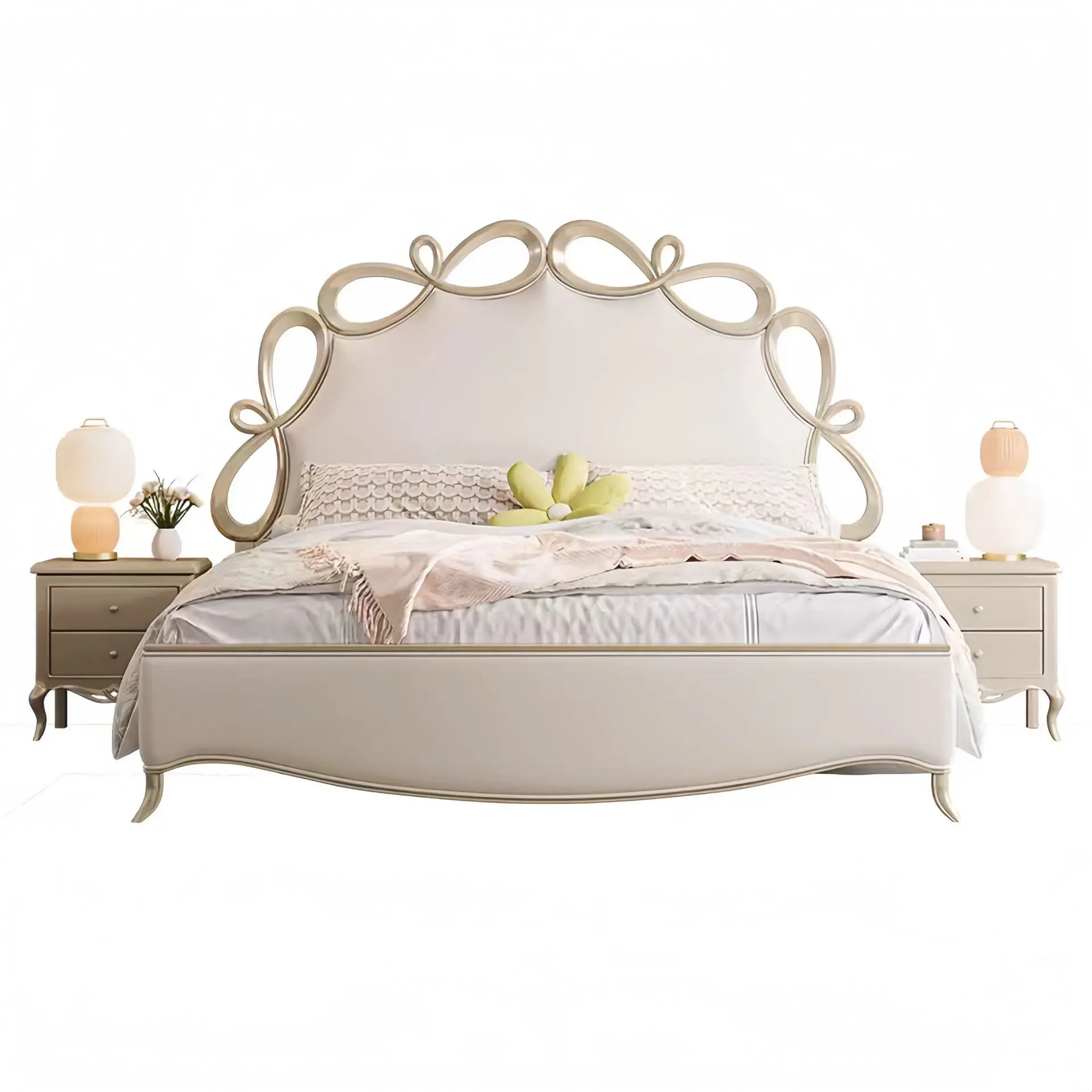 

American light luxury solid wood bed 1.8 meters master bedroom double bed bow carved princess big bed French cream wind wedding