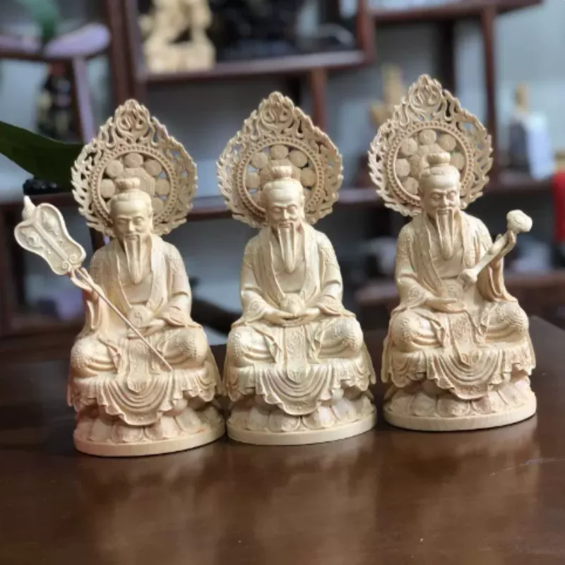Vintage Wood Carved Three Pure Ones Statue - Yuanshi, Lingbao & Daode Tianzun, Taoist Sanqing Deity Figurine for Home Altar