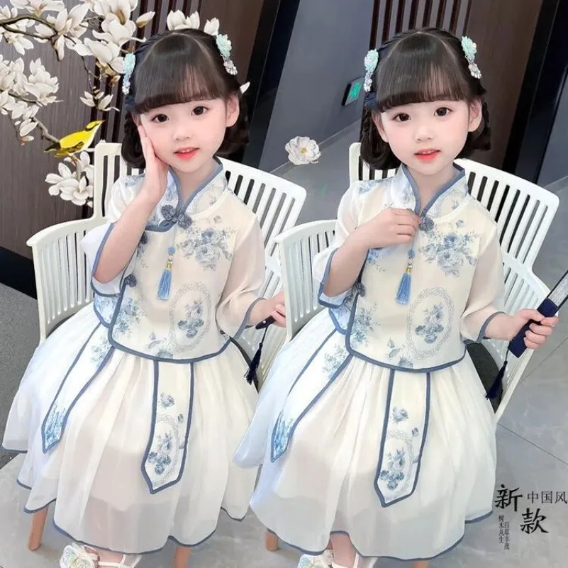 Ancient Style Hanfu Set Summer Chinese Style Little Girl Ancient Costume Children's Blue and White Porcelain Tang Costume Suit