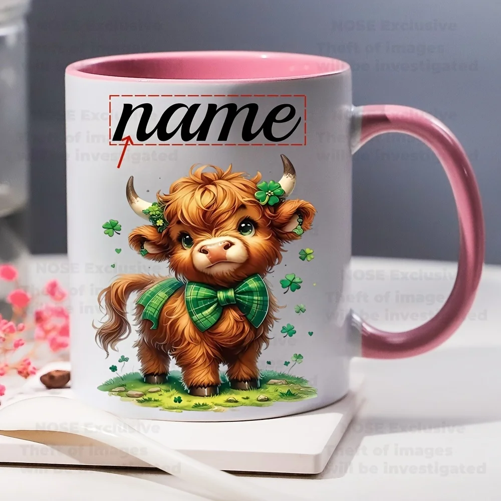 1 Customizable Highland Cow Mug with Custom Name, Reusable, with Green Tie and Four-Leaf Clover, Perfect Gift, Ceramic Mug Suitable for Coffee Lovers, Men and Women, Coffee Bar Accessories