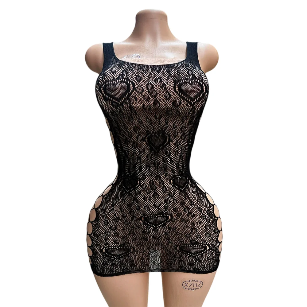 Women Sleeveless Heart Pattern Fishnet Mini Dress Hollow Out Side See Through Mesh Bodycon Nightwear