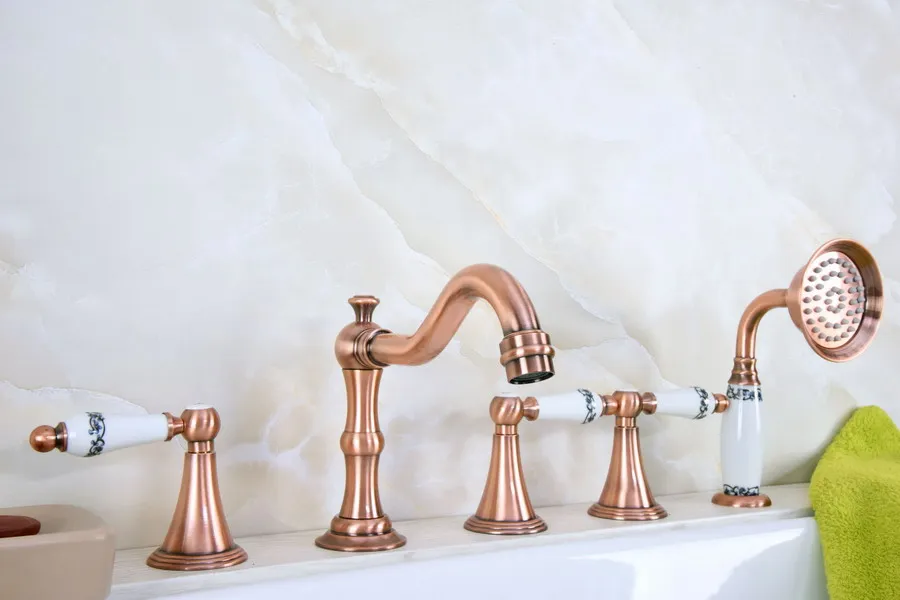 

Antique Red Copper Brass Three Levers Handles Deck Mounted 5 Holes Bathroom Tub Faucet Mixer Tap With Handshower mtf214