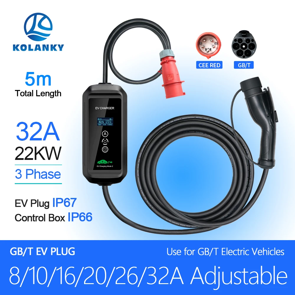 

Mobile EV Charger 32A 3P 22KW GBT China Standard Plug Adjust 16/26/32A Charging For Eletric Vehicle Chinese PHEV Cars Cable 5M