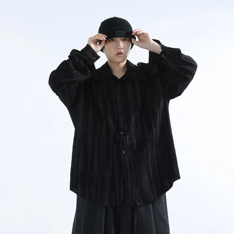 WVGA Spring Autumn New Men Three-dimensional Pleated Texture Trendy Long Sleeve Shirt Niche Chic Casual Stand Collar Tops W26200