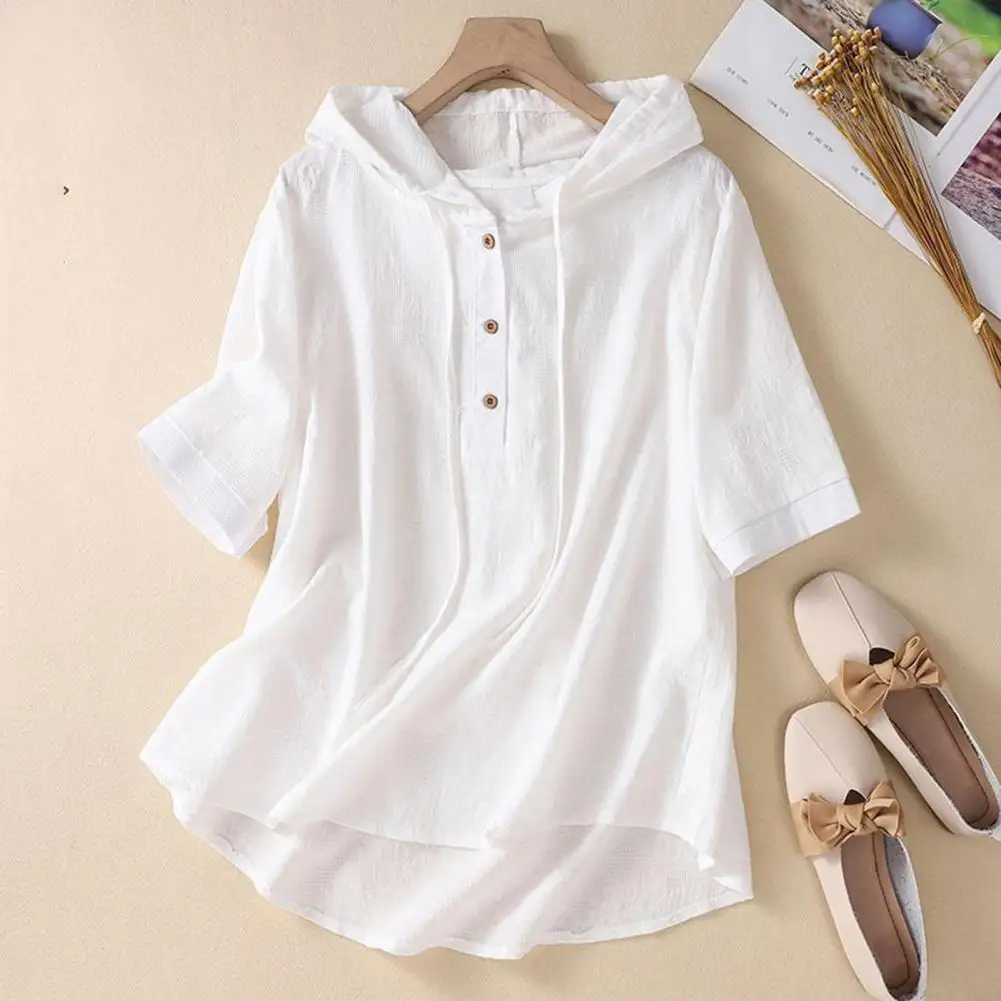 Women T-shirt Hooded Buttons Half Placket Short Sleeve Pullover Tops Drawstring Thin Loose Fit Blouse