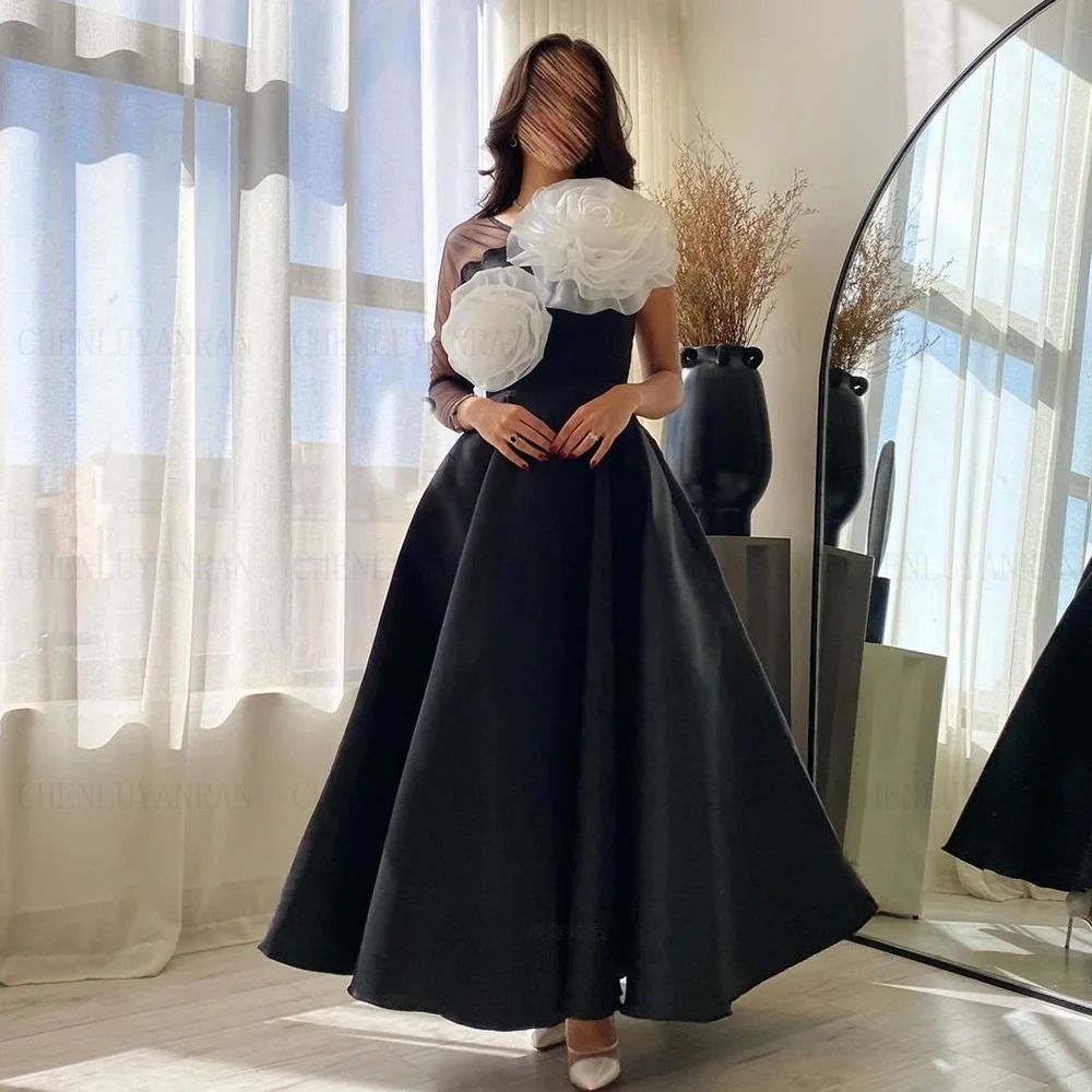 Unique Black Formal Occasion Dresses 2024 One-Shoulder Sexy Ball Gown 3D Flower A-line Long Evening Party Gowns فساتين الحفلات