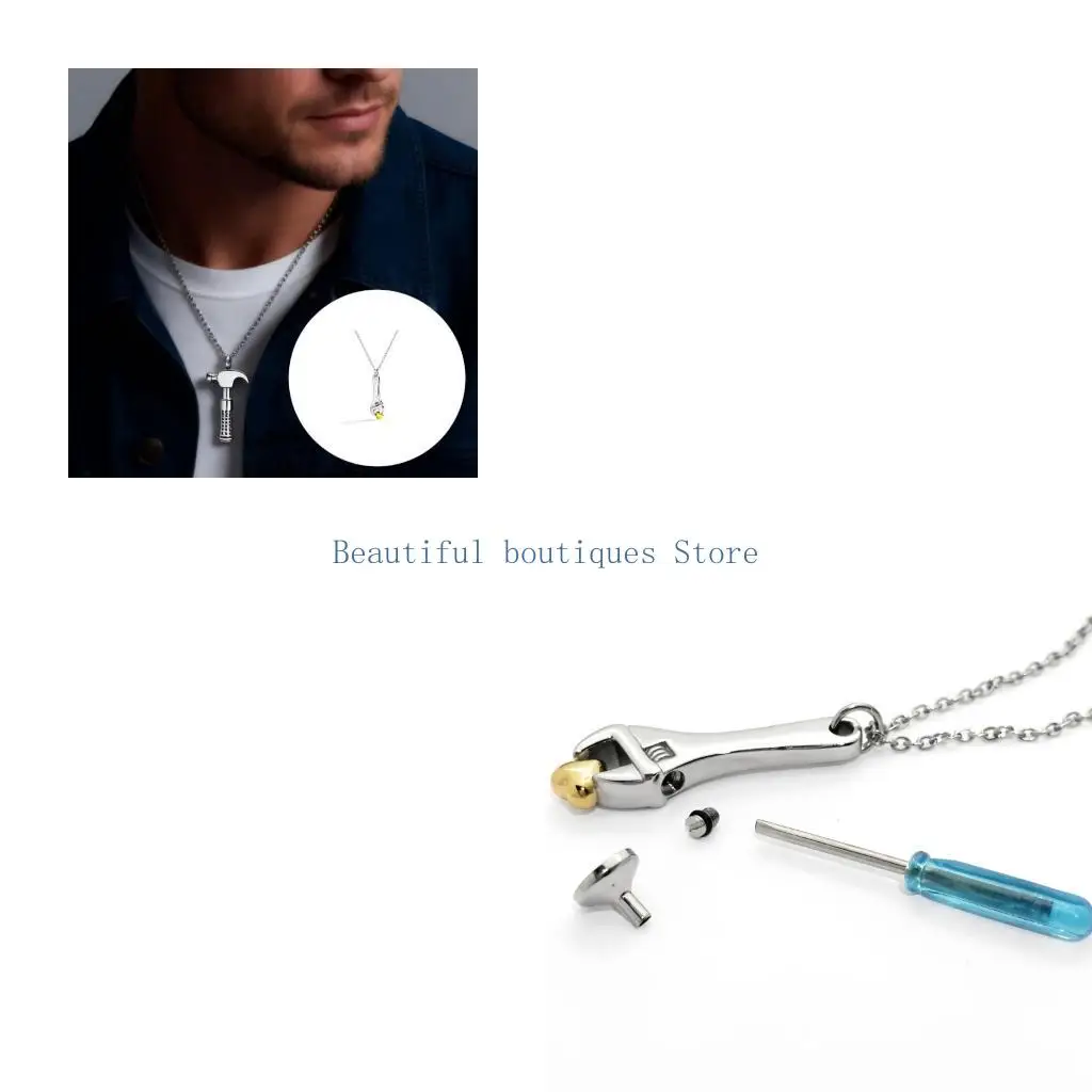 U4LF Vintage Punk Stainless Steel Hammer Wrench Necklace With Openable Pendant For Men And Women