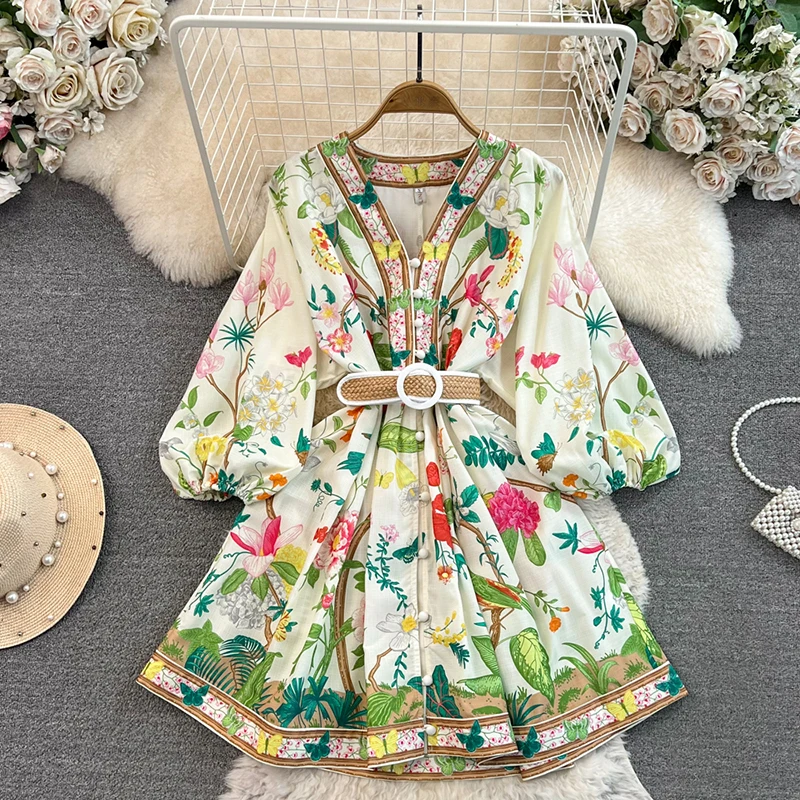 

New Temperament High Waist Print Femme Robe Belt Vintage Fashion A-line Mujer Stand Collar Panelled Ruched Slim Fit Dress