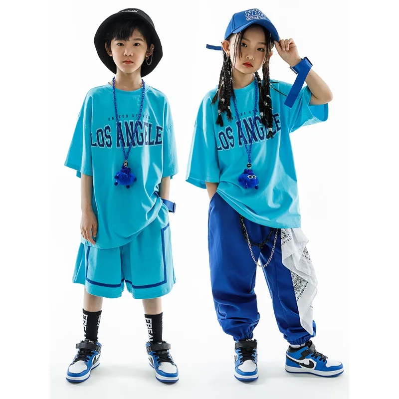 Children Street Dance Kids Hip Hop Clothing Girls Boys Blue Short Sleeves T Shirt Pants Casual Rave Clothes Loose Practice Wear