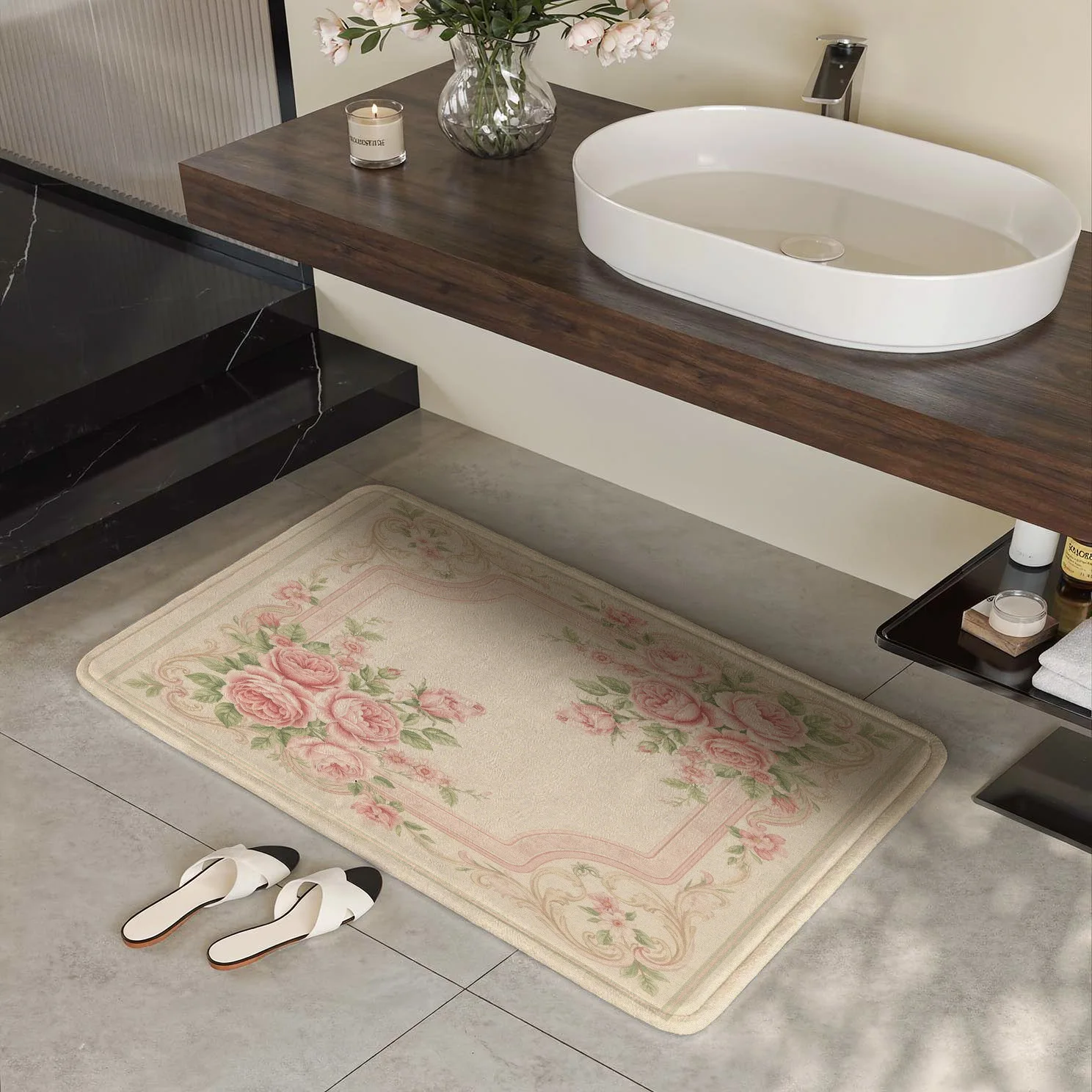 Elegant Floral Rose Pattern Area Rug Runner Beige Cottage Style Indoor Outdoor Mat for Living Room Hallway Home Decor Gift