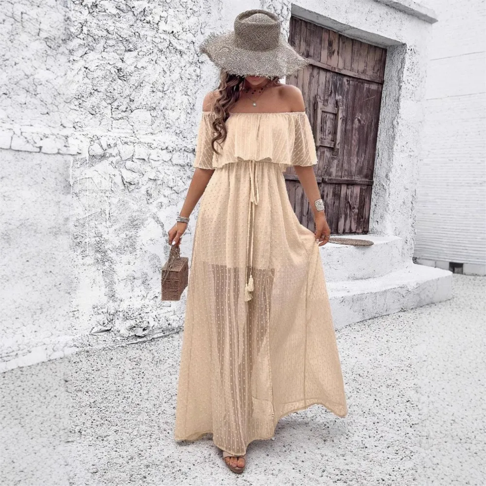 

Women's Casual Dresses A-line Dress Vestidos Commuting Bohemian Simple Style Holiday Solid Color One Line Neck Tighten The Waist