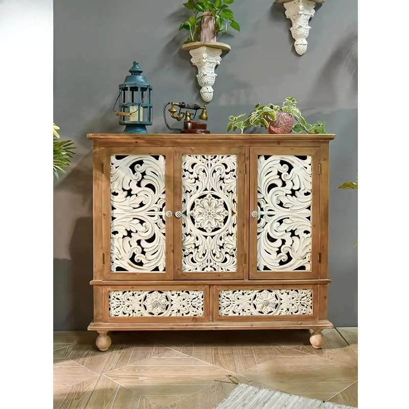 

Village style carved wood cutlery cabinet 3 door storage drawer cabinet with white flowers for home dining furniture