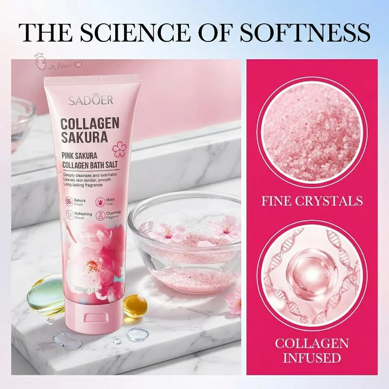 Exfoliante de sal de baño con colágeno de flores de cerezo de 250 g, exfoliación natural, limpia y suaviza la piel, la deixa suave y blanquea.