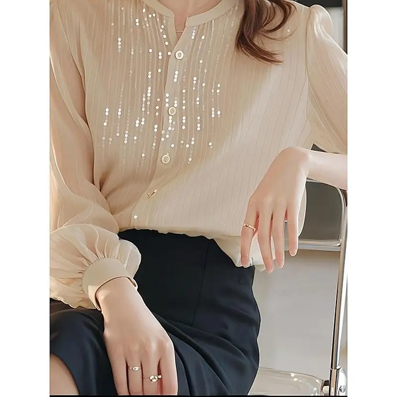 Simplicity Fashion Autumn New Women Solid O-Neck Sequined Single Breasted Temperament Sweet Loose Long Sleeve Chiffon Shirt Tops