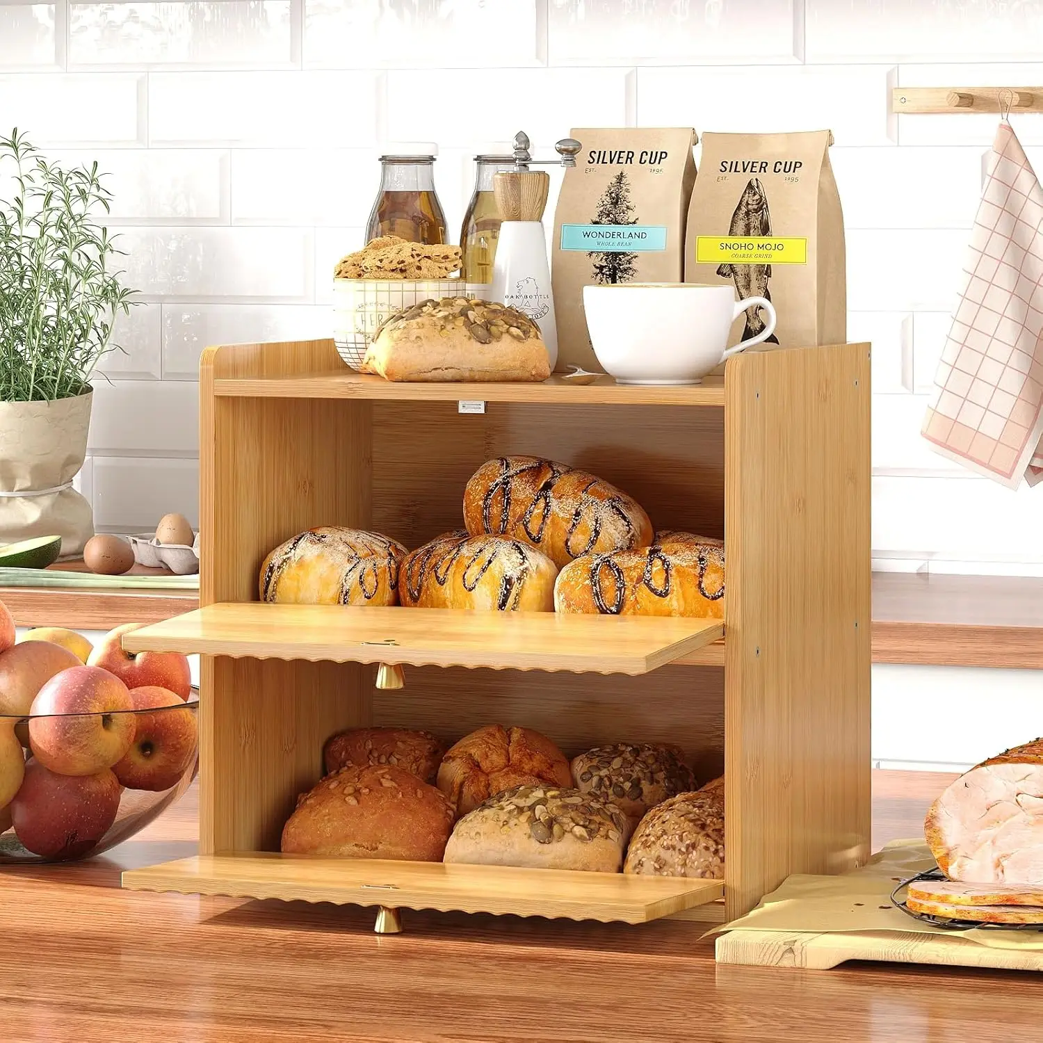 Double Layer Bamboo Bread Box with Magnetic Door, Large Capacity Kitchen Storage Organizer for Fresh Food