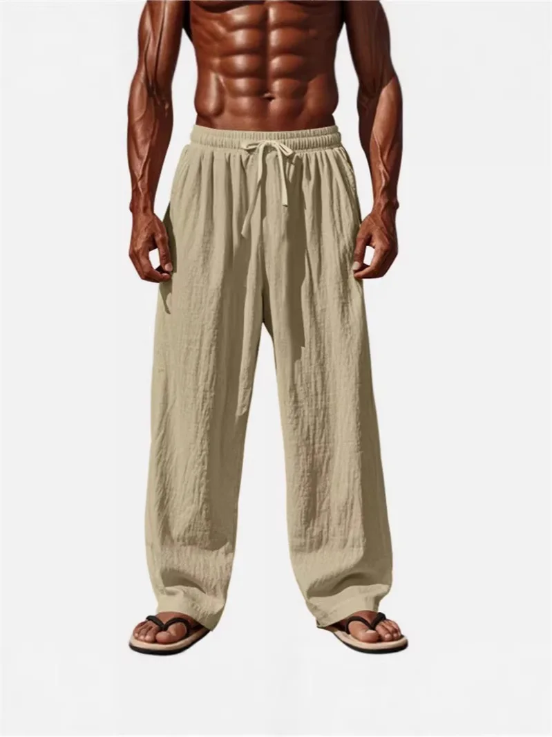 Herren Baumwoll-Leinen-Hose Sommer Einfarbig Atmungsaktive Leinenhose Männliche Lässige Hose mit Elastischem Bund Fitness-Hose Hip-Hop