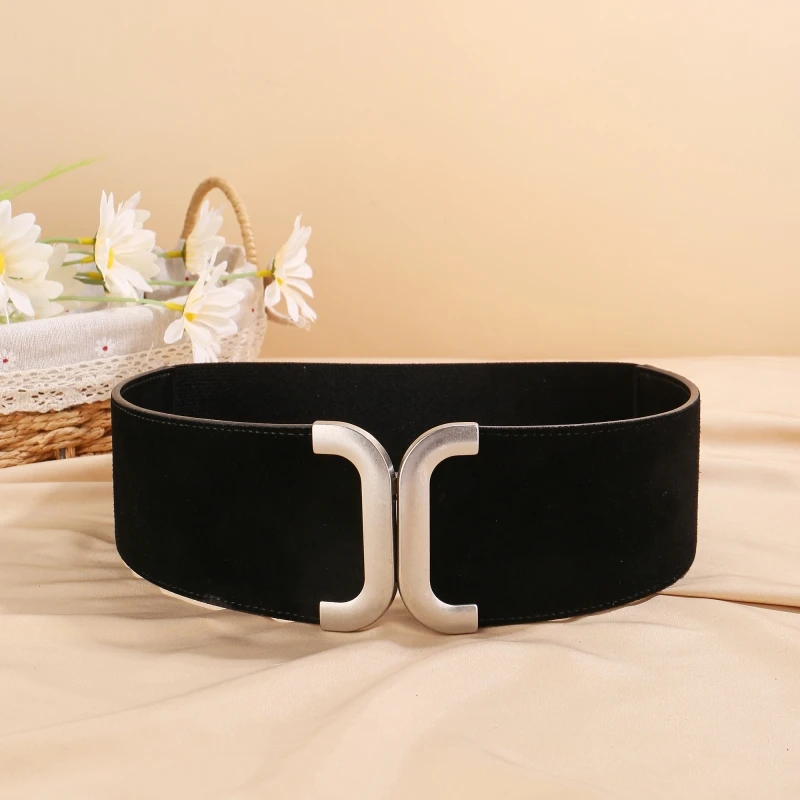 

Genuine Leather Cowhide Suede Women’s Wide Elastic Belt Stretchy Waist Cinch Belt for Dresses Coats Casual Accessories