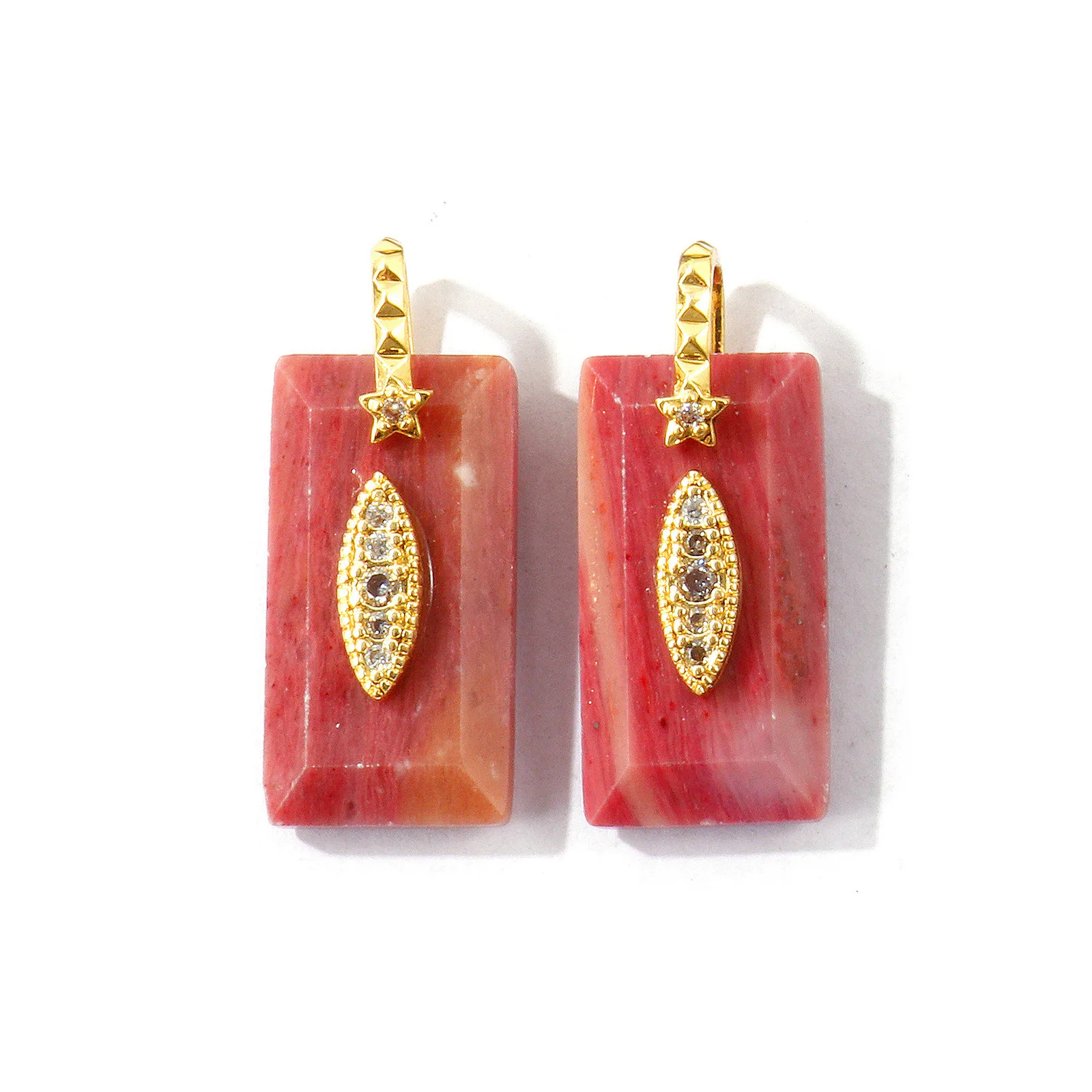 2pcs Rectangle Natural Stone Charms Multicolor Brass Cubic Zirconia Pendants For DIY Necklace Jewelry Making Findings 3.1x1.3cm