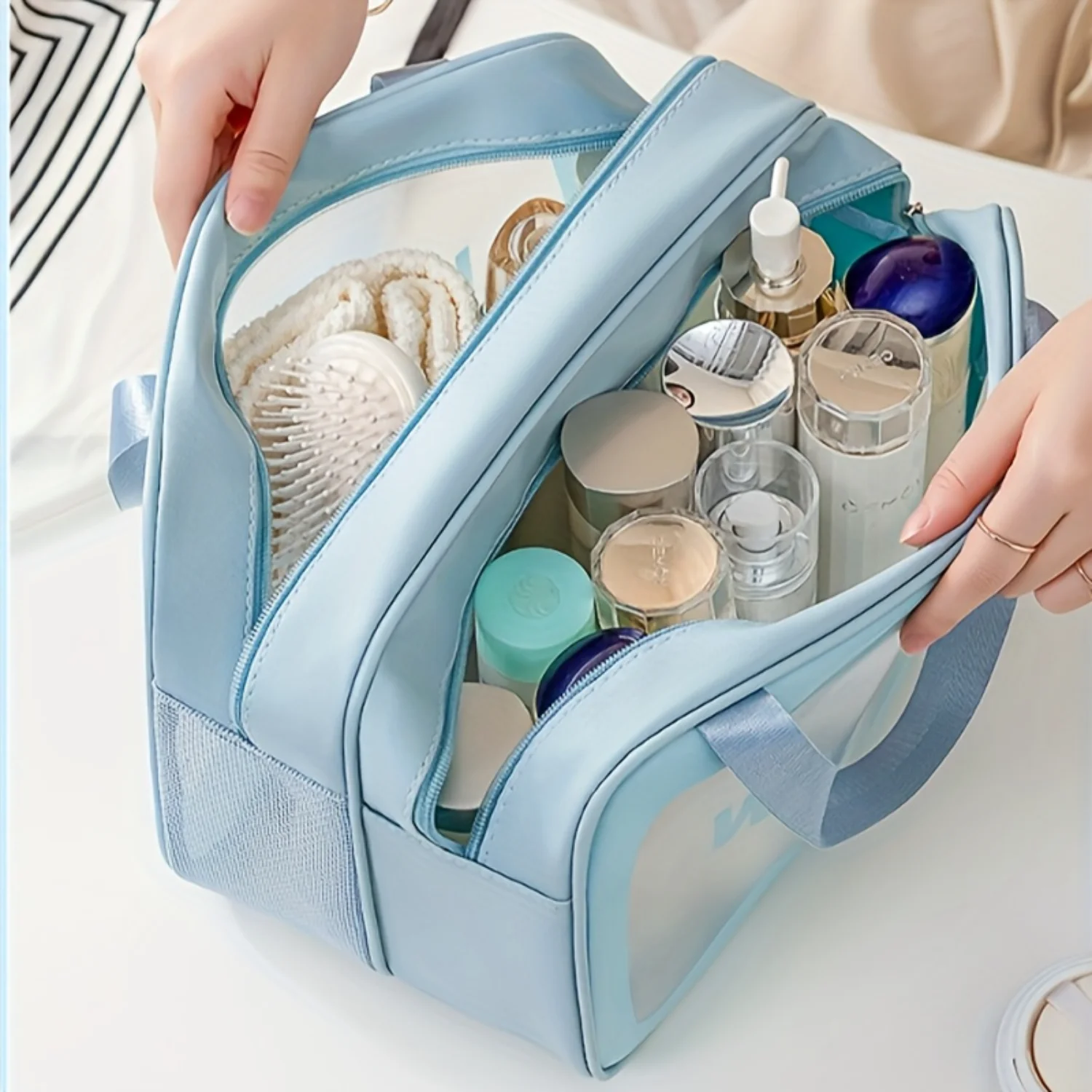 

Spacious Double-Layer Toiletry Organizer with Dry/Wet Separation - Ideal for Travel, Holds Makeup &