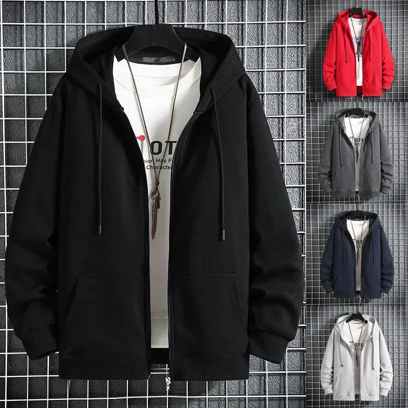 Men's Loose Hooded Zippered Cardigan Sweater Spring Autumn New Style Versatile Solid Color Knitted Sports Casual Hoodie Coat