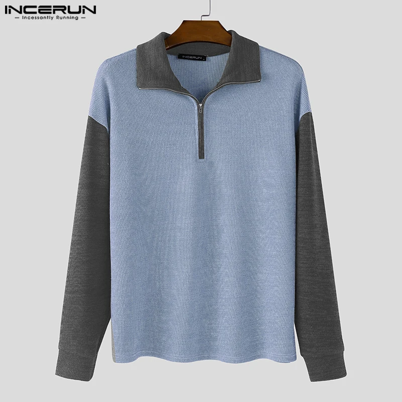 

INCERUN Men Pullovers Patchwork Lapel Long Sleeve Knitted Spring Autumn Casual Male Sweater Zipper Streetwear Men Clothing S-5XL