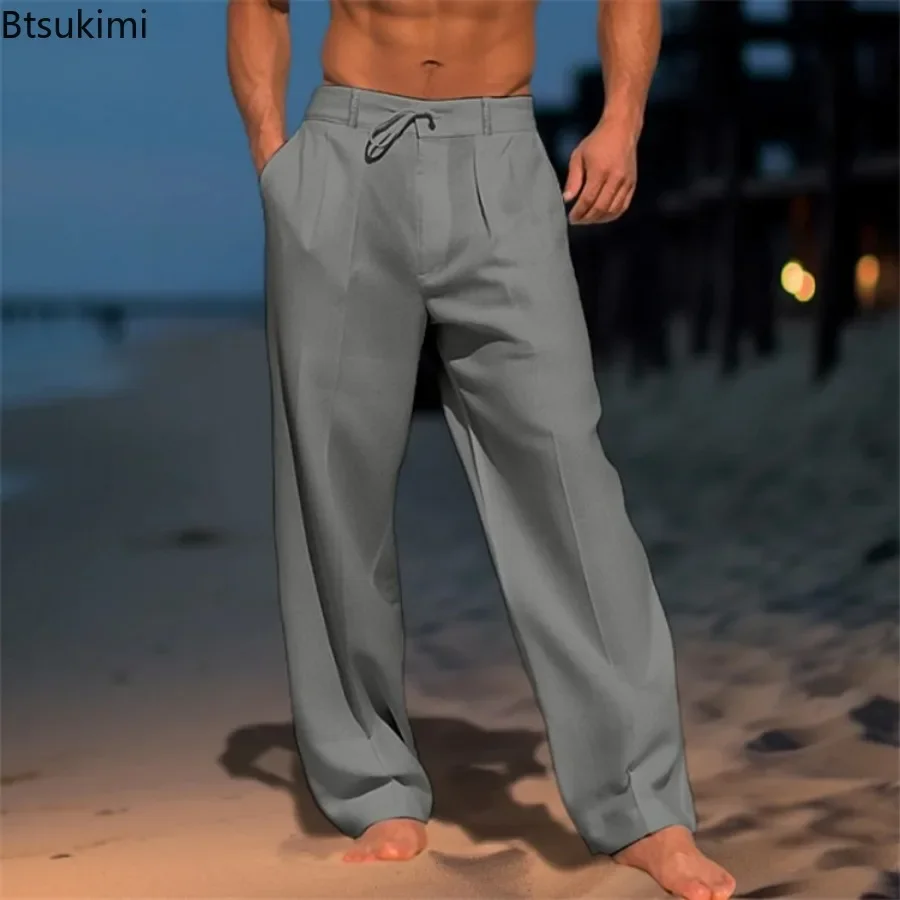 Summer Solid Cotton Linen Beach Pants Men's Fashion Loose Breathable Casual Straight Pants Simple Basic Drawstring Trousers Male