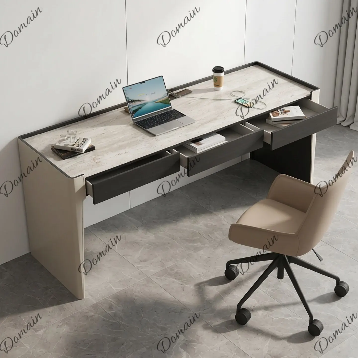 Travertine rock slab desk Italian modern minimalist saddle leather living room desk home master bedroom computer desk