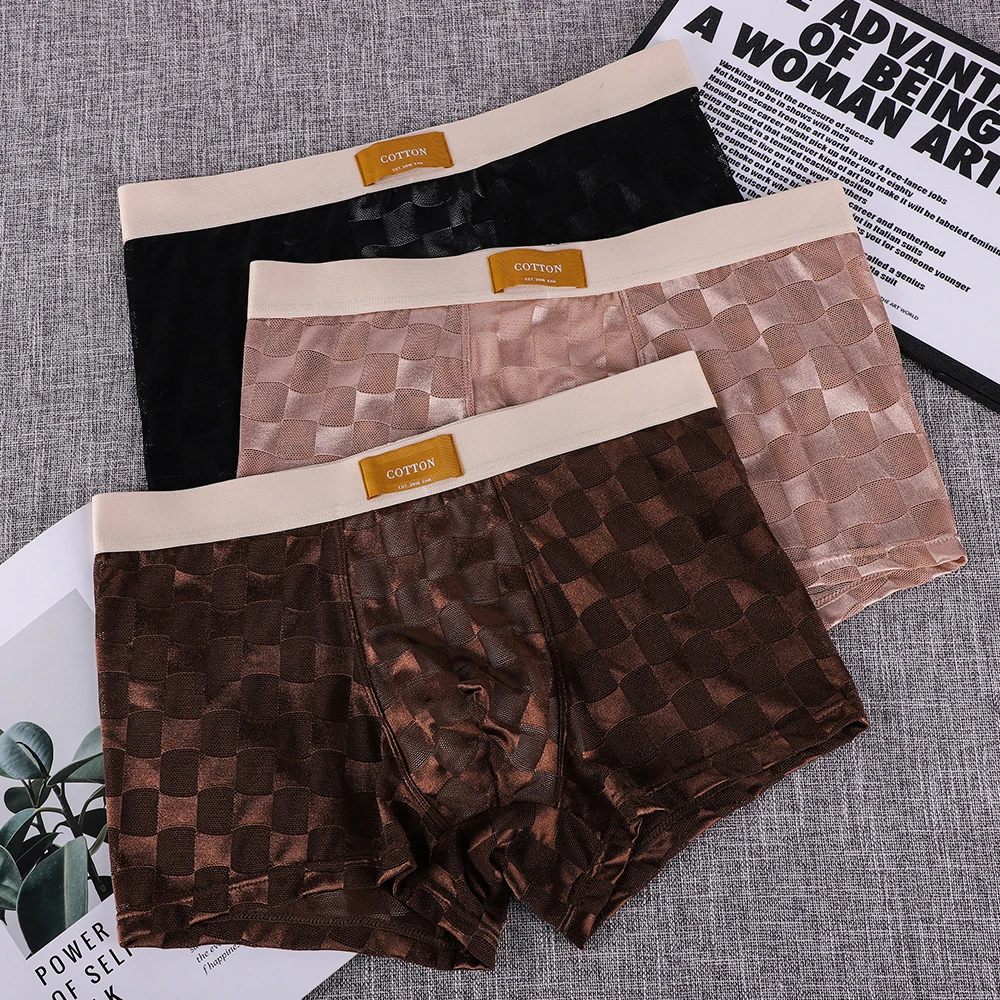 

1/3 PCS Sexy Hollow Out Ice Silk Solid Plaid Underwear for Man Breathable Mesh Crotch Boxer High Elastic Men's Underwear Arrival