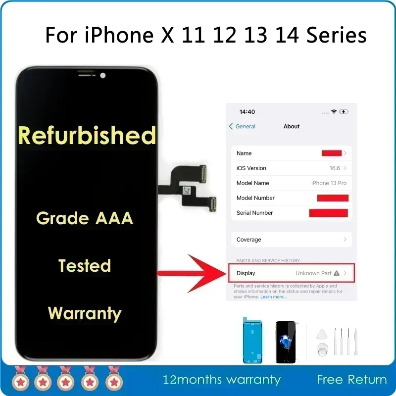 Официальный отремонтированный экран AAA для IPhone X XR XS 11 12 13 Mini 14 15 Pro Max, ЖК-дисплей в сборе, сменное внешнее стекло, замененное