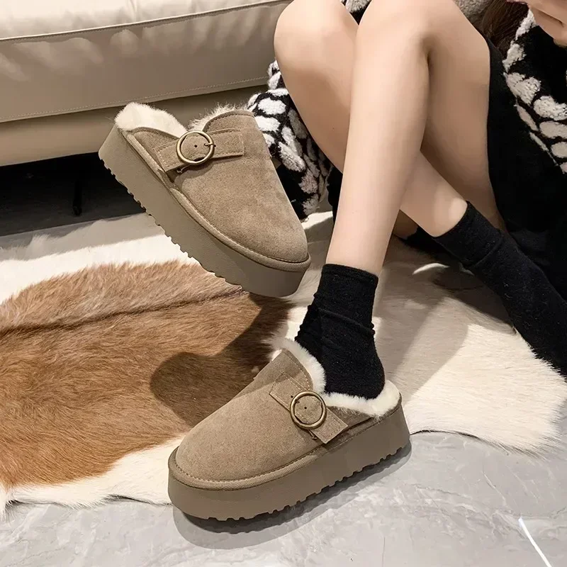 Women's Shoes 2024 Fashion Closed Toe Women's Slippers Winter Plush Fleece for Warmth Solid Platform Casual Comfortable Slippers