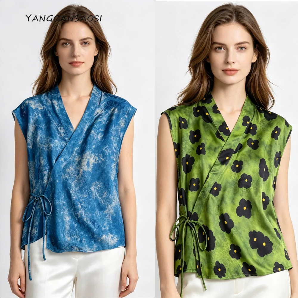 2026 Women's Fashion Summer Clothing 100% Natural Mulberry Silk Jacquard Satin Cross Collar Strap Printed Tank Top Cardigan