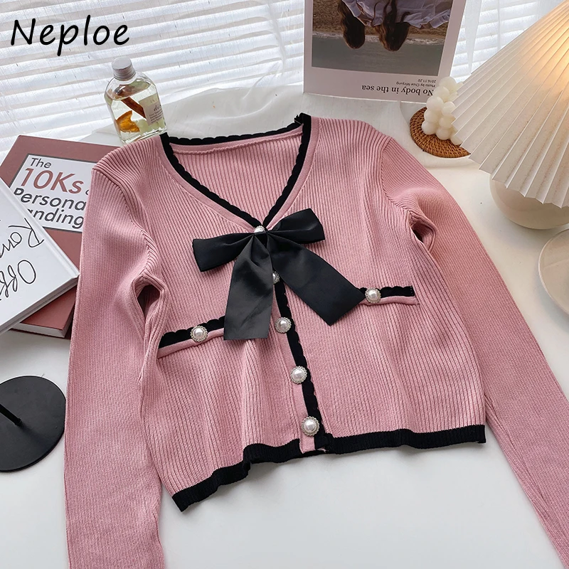 Neploe V-neck Bowknot Decoration Sweet Woman Sweaters Autumn 2024 Korean Style Short Knitted Cardigans Pearl Button Knit Tops