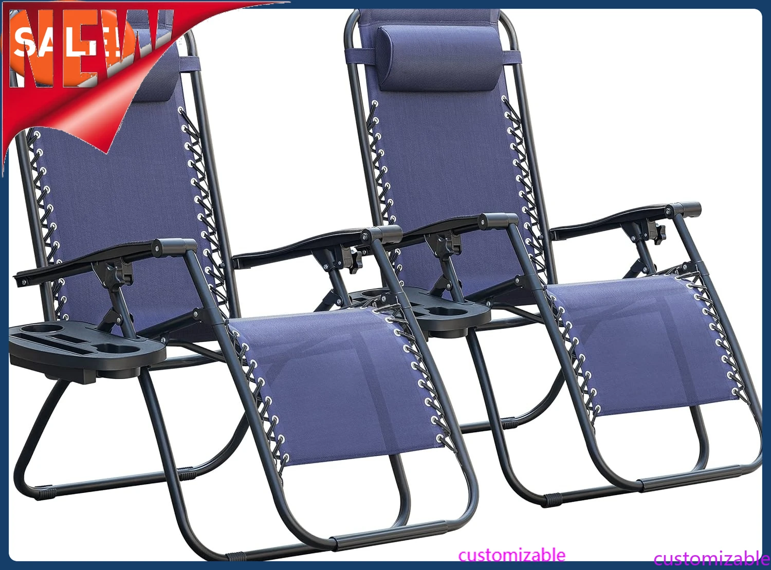 

Customizable-Zero Gravity Chair Patio Folding Lawn Outdoor Lounge Gravity Camp Reclining Lounge Chair With Cup Holder Pillows