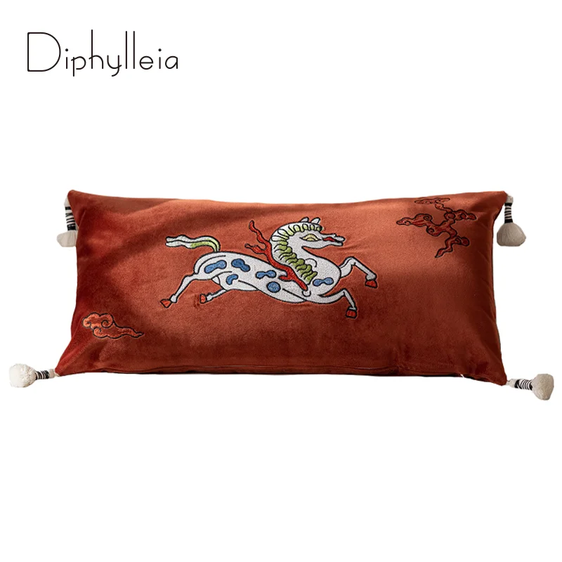 Diphylleia Modern Abstract Vintage Horse Lumbar Pillowcase Luxurious Samarkand Embroidery Accent Cushion Cover For Sofa Armchair