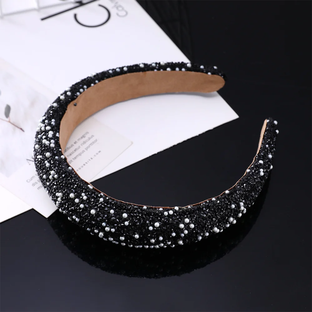 Funkelndes Strass-Haarband Elegante Kristall-Perlen-Haarbänder Breite Dicke Schwamm-Haarreifen Mädchen-Haaraccessoires Großhandel – Detail 11