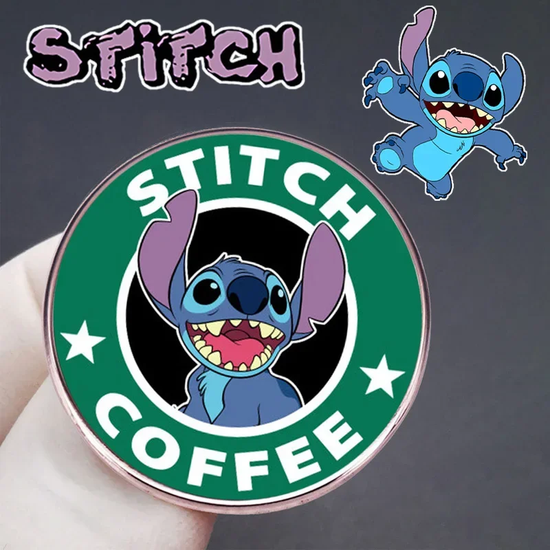 Disney Stitch Coffee Metal Round Enamel Pins Funny Slogan Brooches Cute Animal Old-school Punk Cartoon Collar Badge Jewelry Gift