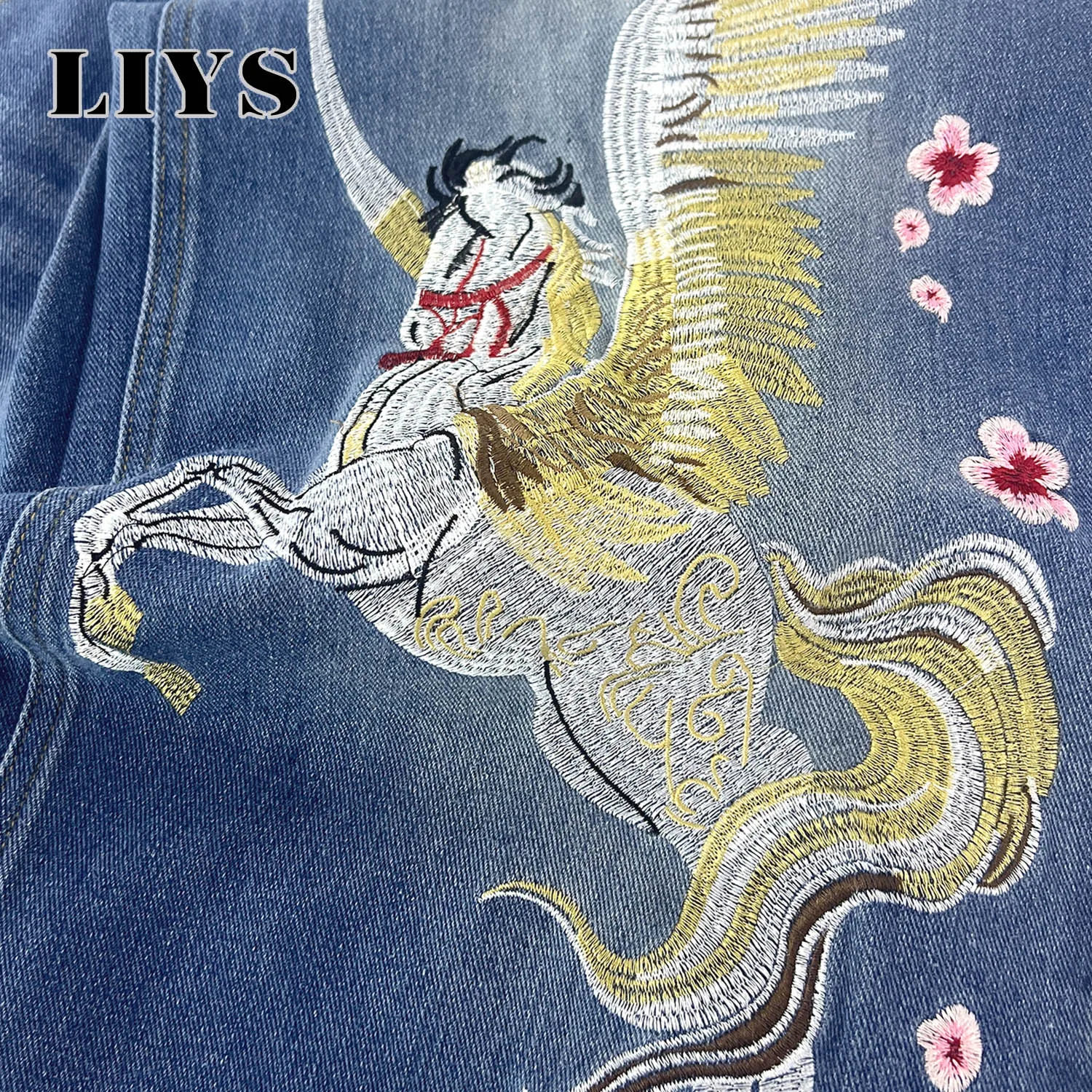 LIYS Men's Winged Horse Cherry Blossom Large Embroidery Wide Leg Baggy Jeans Light Wash Y2K Vintage Streetwear Denim Pants