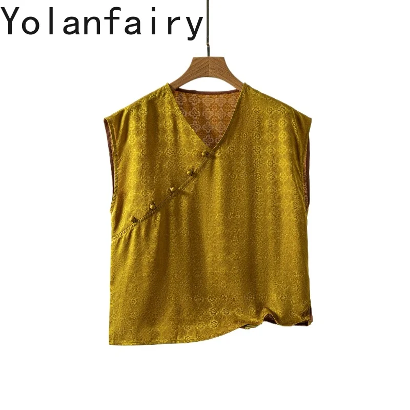 

YOLANFAIRY 100% натуральные шелковые майки из тутового шелкопряда для женщин, летние высококачественные топы из водяной марли с V-образным вырезом, винтажные женские майки-рубашки