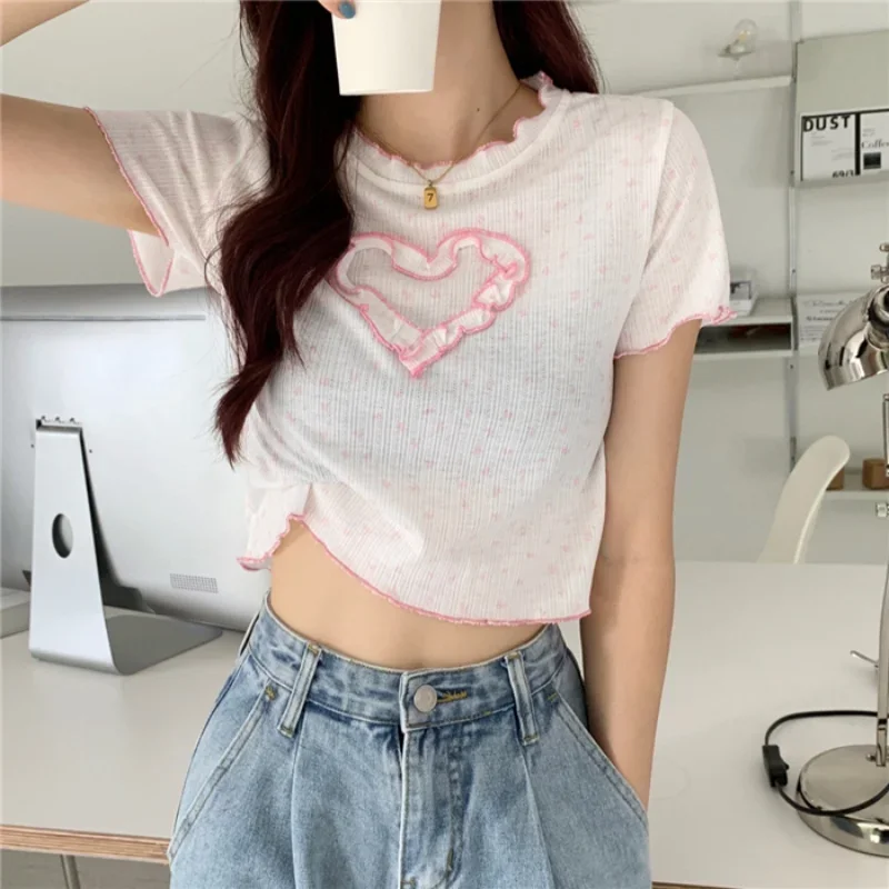 Women Korean Chic Polka Dot Printed Slim Fit T-shirts Girlish Style Cute Heart-shape Short Sleeve Crop Tops Female Casual Tees