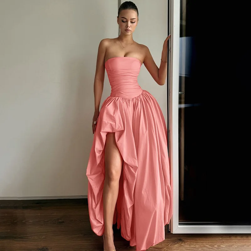 

Strapless Sleeveless Irregular Fluffy Hem Long Skirt, Summer New Fashion Slim Fit Dress