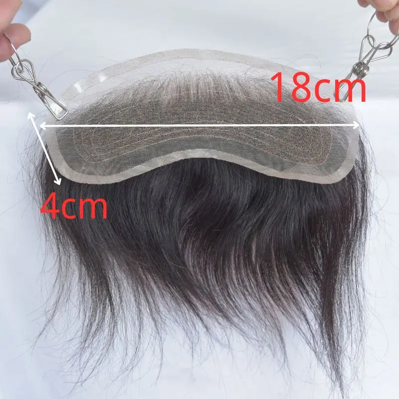 Pwigs 4X18cm Men Lace V Style Frontal Hairline 100% Human Remy Hair Toupee Swiss Lace Man Hairpieces Bleached Knots Hairline 1B