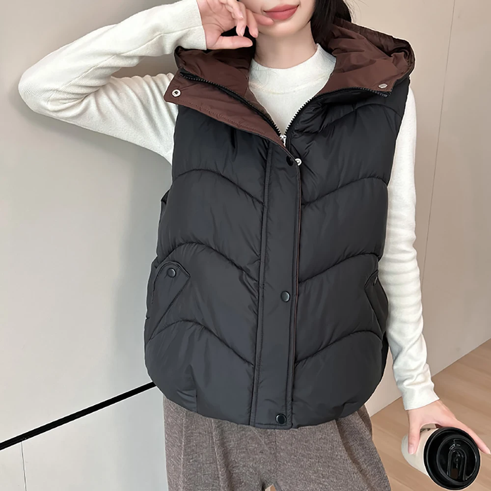 2025 Winter New Hooded Cotton Padded Vest Women Casual All-Match Contrast Color Zipper Thick Warm Sleeveless Vests Outerwears