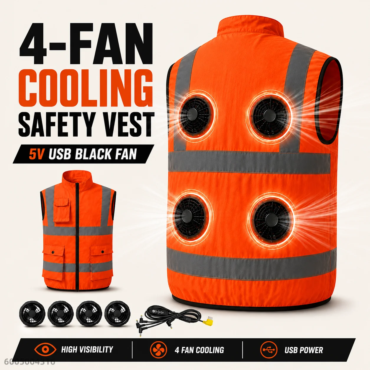 Men's 5V USB 2/4-Fan Cooling Safety Vest High Visibility Reflective Breathable Workwear for Construction Road Work Outdoor Jobs