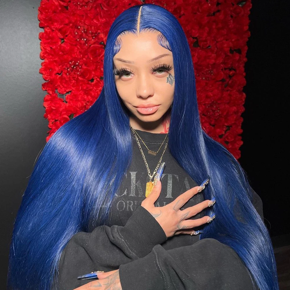 Navy Blue 13X4 Glueless Bone Straight Lace Front Wig Pre Plucked Transparent 180% Colored Lace Frontal Human Hair Wigs for Women