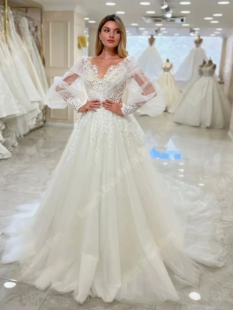 Elegantes vestidos de casamento em V profundo com tule glitter para mulheres, vestidos de noiva, flor de linha, alças, vestido de princesa, 2022